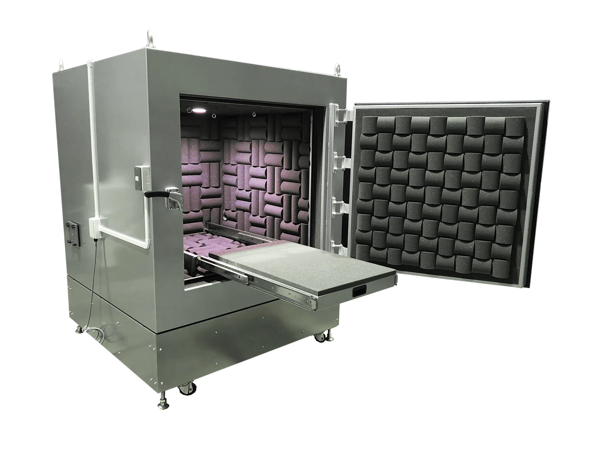 Open Door Anechoic Test Box showing sliding table Open Door Anechoic Test Box showing sliding table