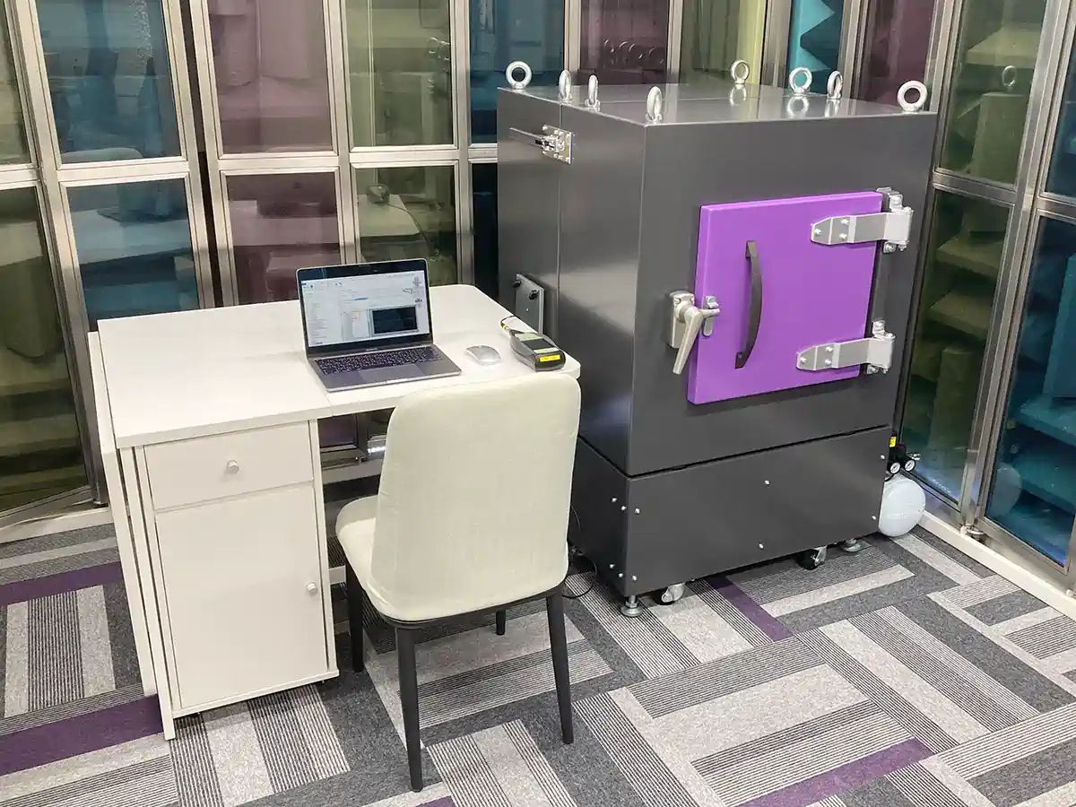 Whole setup showing Anechoic Test Box connectcted with handheld analyzer and laptop Whole setup showing Anechoic Test Box connectcted with handheld analyzer and laptop
